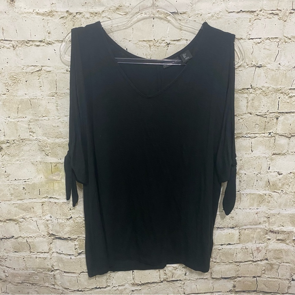 Tahari Black Soft V Neck Cut Out Tie Sleeve Top